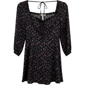 Doe and Rae Purple Floral Long Sleeve Mini Dress Black Smocked Back Small